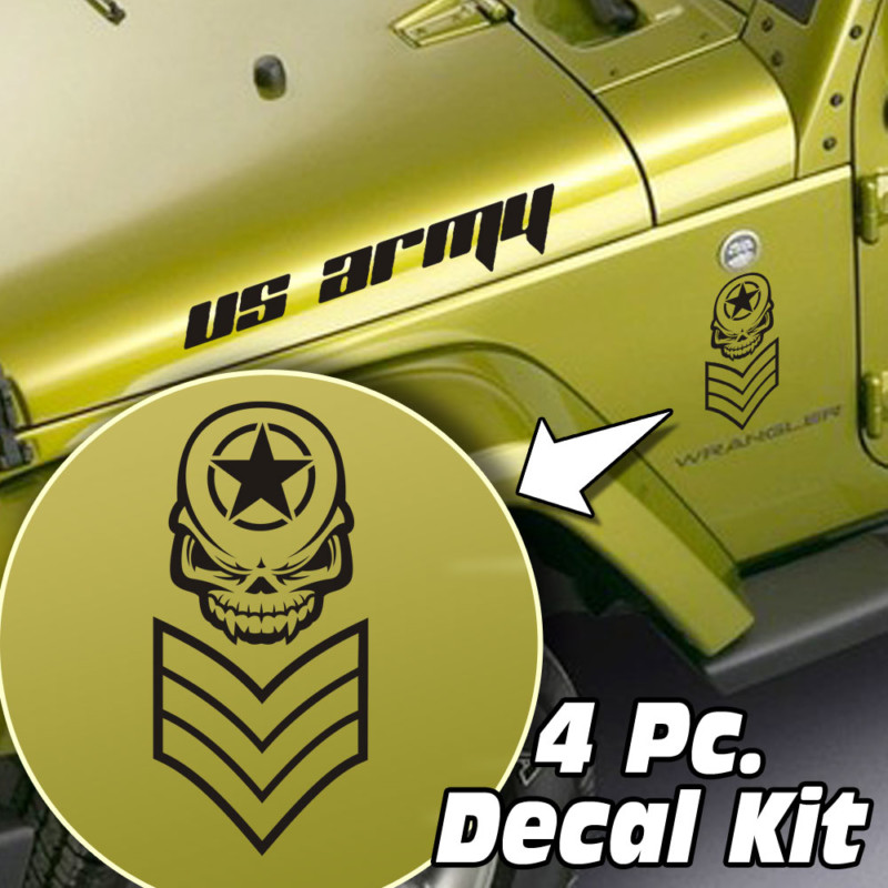 4 Pc. Hood / Fender Chevron Skull Star Decal Kit – Fits Jeep Wrangler