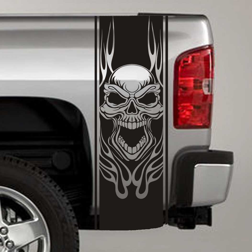 tribal skull and flames truck bed stripe decal sticker